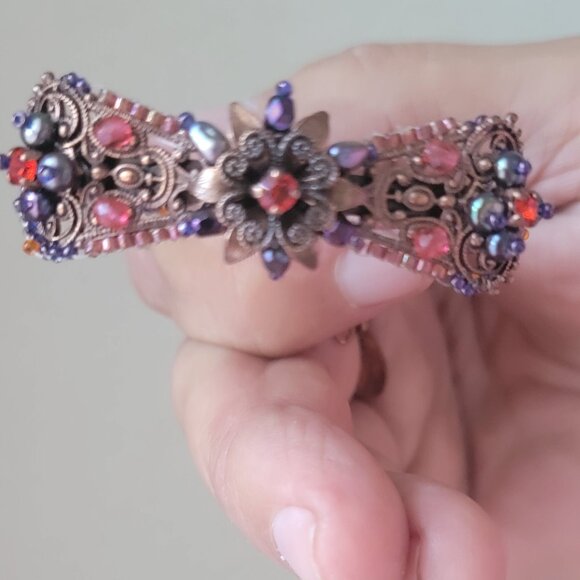 SATELLITE PARIS VINTAGE HIGHLY DETAILED CUFF COPPER BRACELET W/CRYSTALS & PEARLS - Picture 2 of 9